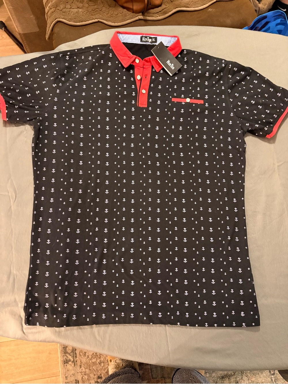 Men's Black Polo with Red Contrast Collar and Anchor Motif NWT Size XL